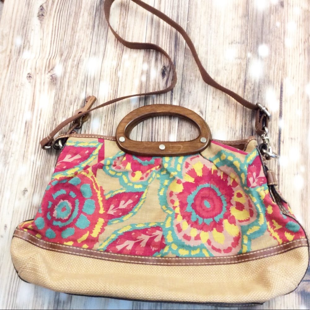 Fossil Leather Canvas Wood Handles Crossbody Bag
